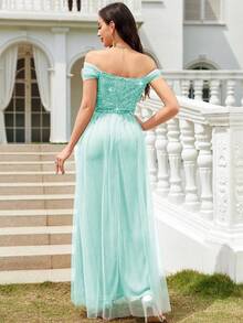CHOSMO Elegant Solid Color Formal Dress, Knitted Fabric With Backless, Mesh Inset, Sequin Accent, Women's Dress For Prom, Wedding, Birthday Party, Anniversary, Graduation Party, Music Festival, Formal Occasion, Photoshoot, Stage Performance - Mint Blue - View 3