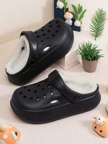 Pantuflas sencillas de moda de invierno para niños y niñas, para uso en el hogar y al aire libre en el tiempo libre, de unicolor, cómodas y planas, versátiles - Negro - Ver 2