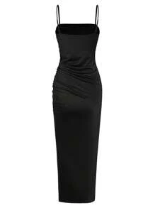 Solid Color Ruched Bodycon Slit Camisole Dress
