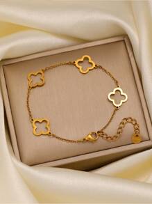 2pcs Stainless Steel Oxidized Zirconia Flower Jewelry Bracelet Set, 18K Gold Plated Stainless Steel Lucky 4-Leaf Clover Bracelet, Micro-Inlaid Zirconia, Suitable For Women Party, Daily Wear, European & American Style, Personalized, Generous, Wedding Jewelry Set, Gift For Girls, Women, Relatives, Friends, Elegant Wedding, Birthday, Valentine's Day, Mother, Mother's Day