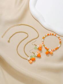 创意水果系列柠檬花吊坠项链套装，包含1对耳环和1条手链，女士珠宝礼盒套装 - 彩色 - 查看 4