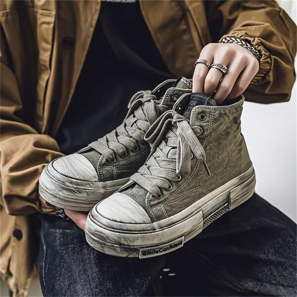 Men's High Top Canvas Sneakers, Vintage Distressed Casual Athletic Shoes, Versatile For All Seasons, Lace-Up Closure, Round Toe, Breathable Fabric Lining, Rubber Sole, Suitable For Daily And Leisure Use