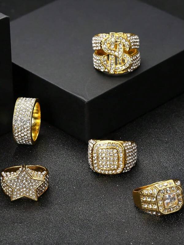 Milacolato 5pcs 18K Gold Plated Bling Pinky Ring Simulated Diamond Iced Out CZ Punky Rappers Star Dollar Sign Hip Hop Ring For Men