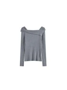 1 件女式露肩针织毛衣，不对称法式露肩长袖上衣，夏季 - 灰色 - 查看 5