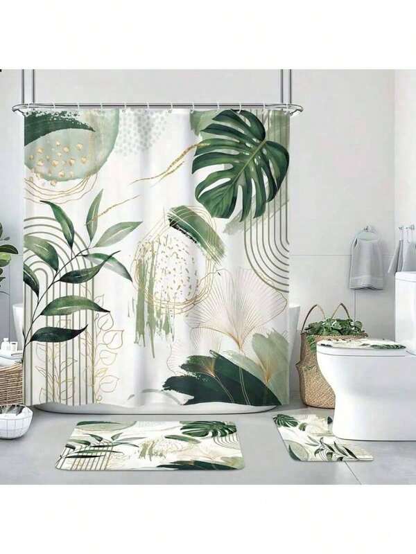 [Sage Green Boho Shower Curtain] 1/3/4 Pcs Sage Green Boho Tropical Leaf Shower Curtain Set - Abstract Medieval Modern Waterproof Bathroom Accessories - 12 Hooks, Non-Slip Mat, U-Shaped Mat, Lid MatBathroom Decor