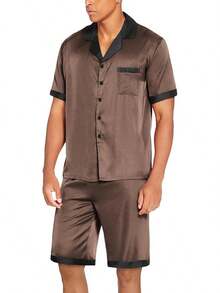 Men Satin Silk Set With Pockets Sleepwear Shorts Satin Summer Loungewear 2 Piece Button Down Set S-3XL - màu nâu - Xem 2