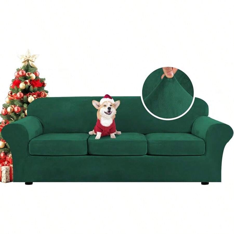 Real Plush 3 Piece Stretch Sofa Covers 2 Cushion Couch, Up To 90 Inch Width, Thick Soft And Stay In Place (Large Sofa, Black), Sofa Slipcovers