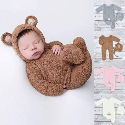 婴儿羊毛摄影道具服装婴儿熊连体衣带帽新生儿摄影道具连体衣适合0-3个月婴儿洗澡复活节礼物适合女孩/男孩