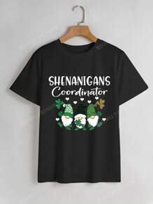 Plus Size Women's Solid Round Neck Short Sleeve Casual Top With Four-Leaf Clover, Leopard Print And Heart Pattern, Suitable For Daily Wear And Saint Patrick's Day