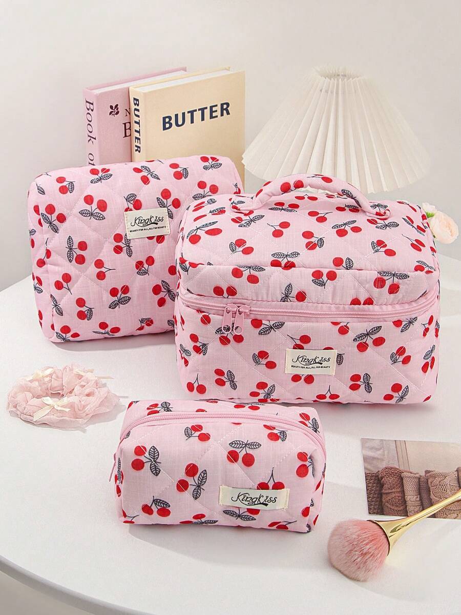 一套可爱樱桃印花化妆包，柔软绗缝拉链化妆收纳包，大容量带提手化妆包，多功能儿童化妆盒，便携式化妆袋，粉色旅行化妆包，女孩返校化妆包，女孩生日/返校礼物 - 彩色 - 查看 1
