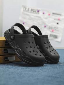 Women's Solid Color Punk Hole Punch Sandals, Breathable Outdoor Beach Lightweight Slides, Soft Thick Sole Slip-On Slippers For Men - Black - View 2