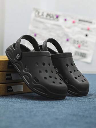 Women's Solid Color Punk Hole Punch Sandals, Breathable Outdoor Beach Lightweight Slides, Soft Thick Sole Slip-On Slippers For Men