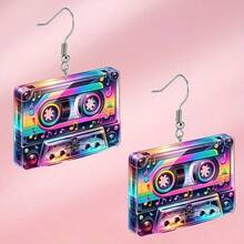 1 par de pendientes acrílicos con diseño 2D de guitarra y cinta de casete de colores - Estilo retro hip-hop, adecuados para festivales de música y fiestas, regalo perfecto para fans, pendientes novedosos - Multicolor - Ver 2