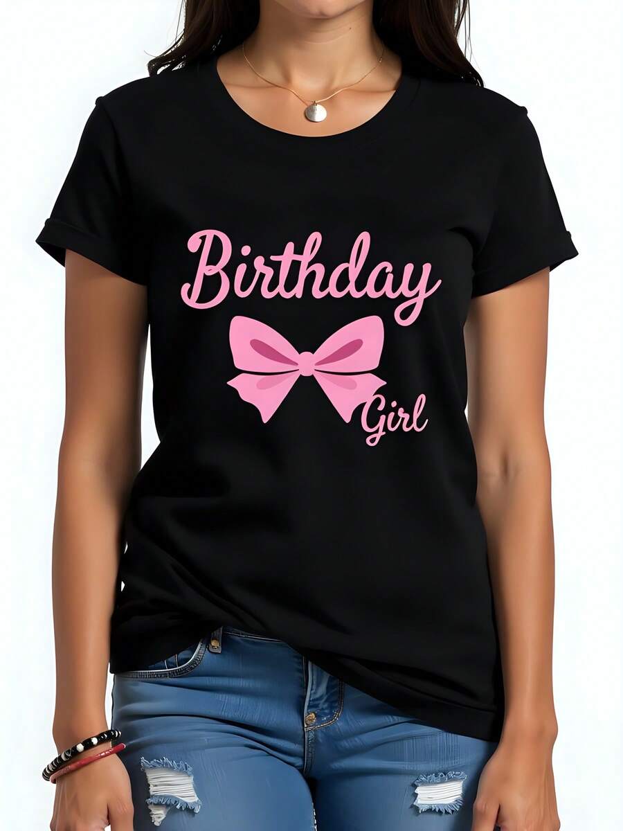 Camiseta de Mujer 180g de Algodón Negro con Cuello Redondo, Manga Corta y Estampado "Birthday Girl" con Lazo Rosa, Ideal para Cumpleaños, Casual y Confortable, Perfecta para Regalos y Celebraciones Especiales. - Negro - Ver 1