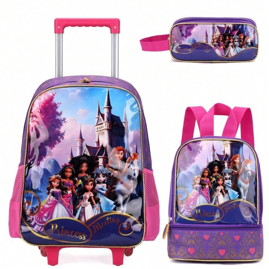 School Kit Backpack Trolley + Water Bottle + Pencil Case Boy Girl Children Poly 600 Princess Unicorn Doll Blocks Ominiverse - 紫色 - 查看 1
