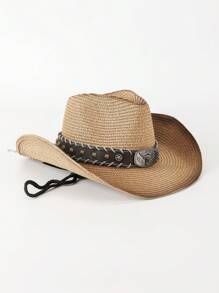 1pc Casual Bull Star Pattern Boho Rivet Bow Straw Sun Hat, Fashionable Versatile Beach Holiday Shade Hat For All Seasons