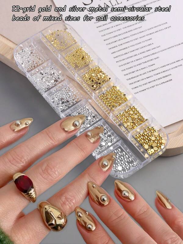 12 Grid Mixed Metal Nail Accessories Semicircular Rivet Glossy Patch Silver Gold Flat Bottom Solid Hemisphere Nail Decoration, Suitable For Nail Supplies DIY Nail Gem Nail Supplies