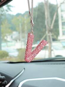 1pc Car Accessories Interior Decor, Full Diamond Pink Letter Car Rearview Mirror Decoration Hanging Ornament - Pink - View 14