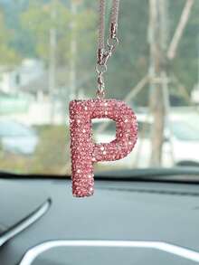 1pc Car Accessories Interior Decor, Full Diamond Pink Letter Car Rearview Mirror Decoration Hanging Ornament - Pink - View 26