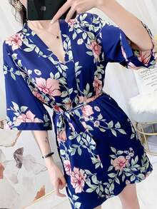 Silky Floral Print Short Sleeve Robe For Women, Sexy Lightweight Ankle Length Robe Suitable For Loungewear And Outerwear - Multicolor - View 6