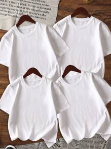 Conjunto de cuatro camisetas de manga corta de cuello redondo de unicolor blanco para niños, niños y adolescentes. Camisetas de manga corta de unicolor muy cómodas y adecuadas para momentos cálidos. Ropa para niños.