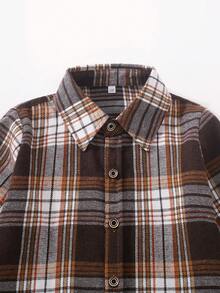 秋季幼儿男童不对称格子领长袖休闲衬衫 - 棕色 - 查看 3