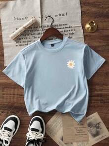 女童青少年学生休闲印花浅蓝色圆领短袖T恤，夏季上衣