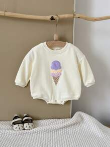 INS 女婴/男婴可爱冰淇淋刺绣柔软米色长袖连体衣,春秋季 - 米色 - 查看 2