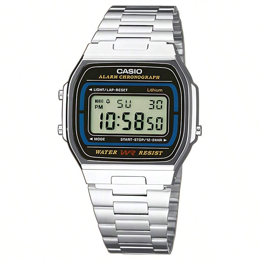 Casio Đồng hồ điện tử thời trang unisex, dây đeo thép không gỉ kiểu cổ điển, mặt vuông, tích hợp lịch, báo thức và bấm giờ, thiết kế chống nước, phù hợp để đeo hàng ngày. - đen xanh và trắng - Xem 1
