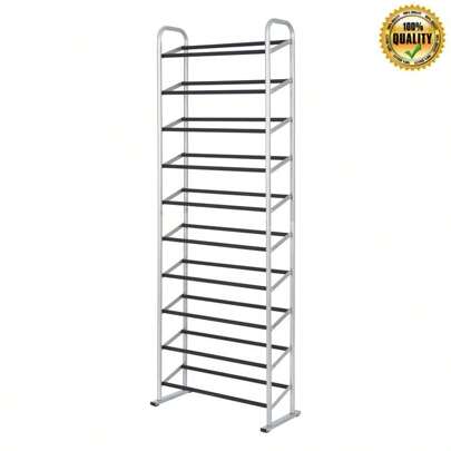 10-Tier Shoe Rack Freestanding Sturdy Silver Black Holds 30 Pairs Entryway Closet Bedroom Non-Slip Shelves Organize Sneakers Heels Flats Loafers Easy Assembly Durable Steel Frame Compact Space Saving