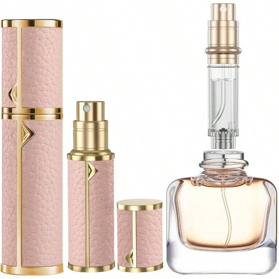 5ml Mini Portable Refillable Perfume Spray Bottlewith Bottom Filling Design Genuine Leather Shell Nanoscale Sprinkler Great Companion For Travel And Business Pink