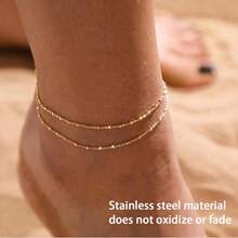 14K镀金卫星脚链套装，精致金珠脚链，可爱沙滩脚链，夏季女士金饰 - 不銹鋼雙層腳鍊 - 查看 19