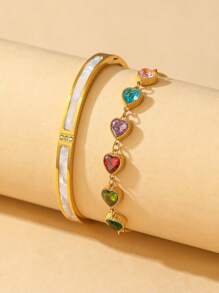 2pcs Anti-Allergic Luxury 18K Gold Moissanite Diamond Bracelet & Bangle Set | Layered Wearing Jewelry Set, Gift For Girlfriend, Friend On Valentine's Day, Birthday