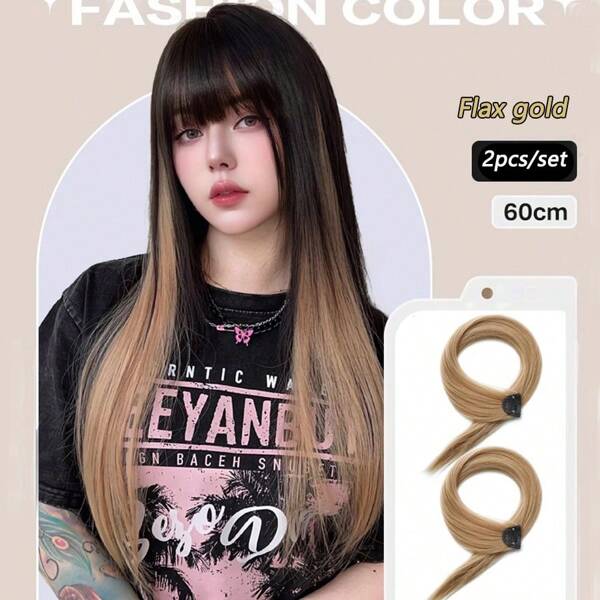 2 pièces Extensions de cheveux synthétiques clipables de 24 pouces, pièce de cheveux tressée dégradé Ombré bi-couleur, mèches de cheveux légères et sans couture
