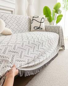 Loveseat Cover Sheet Blanket, Cotton Woven Reversible Anti Slip Cushion Covers 2 Seater Couches With Armrest, Living Room Furniture Decor Slipcovers Protector Pets - 灰白色 - 查看 3
