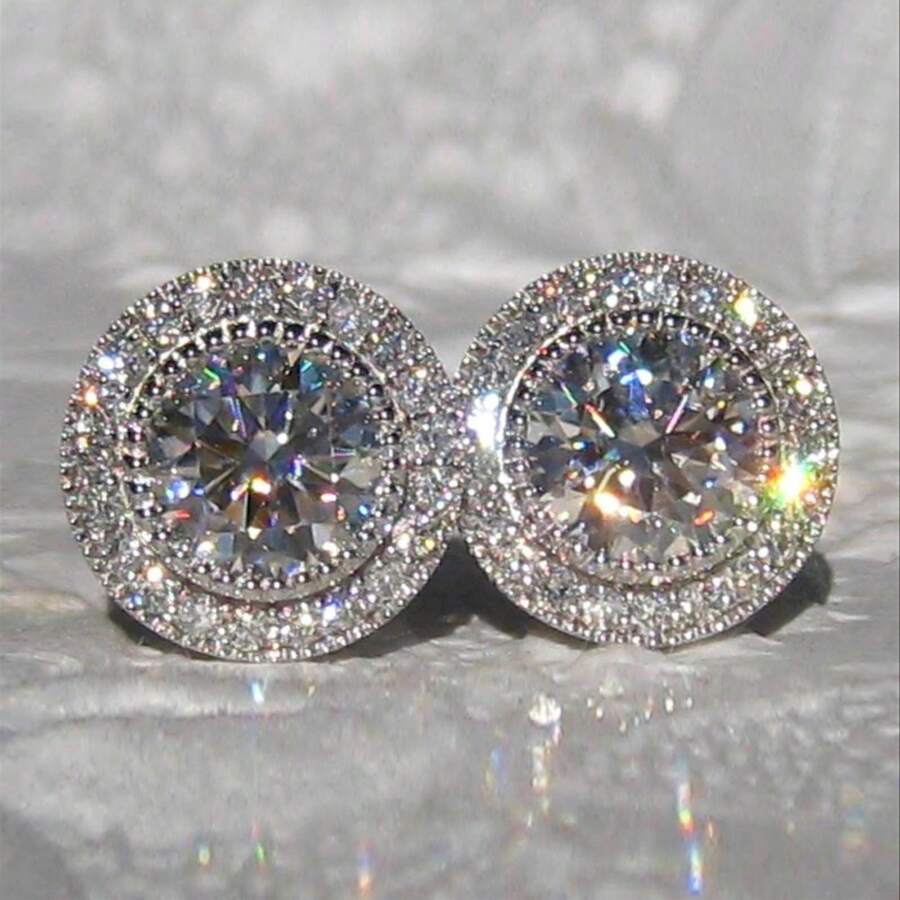 Luxurious Genuine Brilliance Micro Paved White Cubic Zirconia Stud Earrings For Women - Sparkling Engagement Statement Jewelry, Nickel-Free Copper Backing, Ideal For Weddings And Formal Events, Wedding Earrings |   Sparkling Earrings |   Cubic Zirconia Earrings - 銀色 - 查看 1