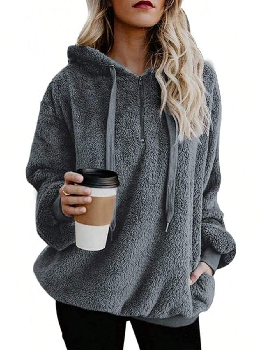 Womens Fuzzy Hoodies Pullover Sport Hoodie Cozy Oversized Pockets Hooded Sweatshirt Athletic Fleece HoodiesChristmas - Màu xám đen - Xem 1
