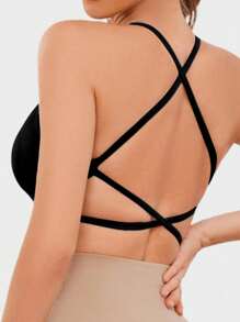 1 pièce Soutien-gorge sexy sans couture tricoté côtelé pour femmes, soutien-gorge de sport sans fil à dos ouvert avec bretelles croisées