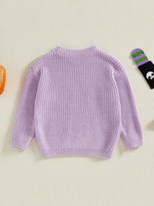 Suéter de manga larga para bebé, de Halloween, informal, con letras y bordado de fantasmas, jersey de punto para niño pequeño, ropa cálida - Morado - Ver 3
