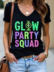 Camiseta de Mujer Glow Party , 180g, 100% Algodón, Cuello Redondo, Manga Corta, Diseño Casual de Impresión Divertida en Color Negro, Ideal para Fiestas y Eventos, Estilo Cómodo y Moderno para el Verano. - Negro - Ver 1