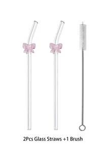 2/4/8Pcs Cartoon Glass Straws With Pink Bow/Butterfly/Heart/Large Bow Shaped, Tear-Resistant And Reusable Drinking Straws With Cleaning Brushes, For Cold Drinks, Milk Tea, Coffee, Juice, Smoothies, Kitchens, Restaurants, Cocktail Parties, Back-To-School, Girlfriends/Boyfriends, Parents, Friends, Holiday Supplies, Halloween, Thanksgiving, Christmas.