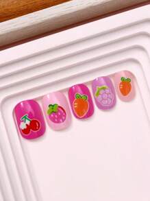 NAIO 24 Pieces Kids Of Children's Press On Nail Stickers Naio Children's Artificial Nail Stickers Pre-Glued Full Coverage Short Acrylic Nails Suitable For Girls' Children's Nail Decoration (Fruit Party)
