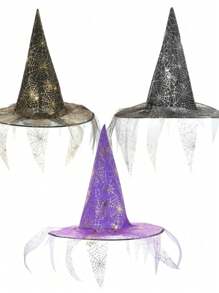 3pcs Spider Web Witch Hats In Purple, Gold And Silver Colors, Gothic Style Wizard Hats For Women, Witch Cosplay Costume For Halloween Home Decor Halloween Decor Fall Decor Room Decor