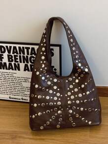 1 Pc Personalized Fashionable Retro Y2K Style Solid Color PU Leather Strap With Full Body Rivet Inlay Design Women's Shoulder Bag For Concerts&Travel&Vacation&Shopping&Gift Giving