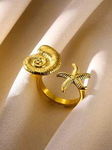 Elegant Big Bloom Flower Stainless Steel Ring, Conch Starfish Adjustable Open Rings For Women, 18K Gold-Plated Wedding Jewelry Aesthetic Beach Vacation Daily Wear Accessories Gifts - Stainless Steel - View 6