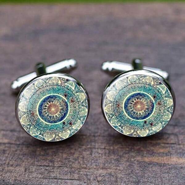Mandala Cufflinks For Men Luxury Datura Flower Glass Dome Shirt Cuff Links Buddhist Meditation Jewelry For Men Accessories Gift