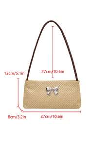 女士撞色蝴蝶结草编单肩包，时尚度假风 - 咖啡 - 查看 10