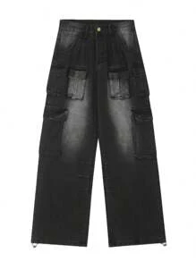 Jupkem Womens Y2k Baggy Cargo Jeans Wide Leg Straight Leg Retro Distressed Multi-Pocket Goth Pants Hip Hop Street Style Harajuku Clothes