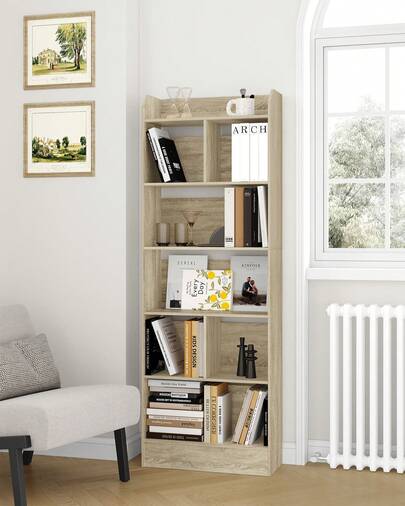 HEXCELEN 6-Tier Bookcase And Bookshelf, Freestanding Display Storage Cabinet Organizer With 8 Divided Sections, For Home Office, Living Room And Bedroom, 24 X 60 X 170 Cm,Golden White Oak