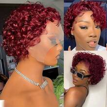 bling hair Short Curly Lace Front Wigs In Pixie Cut, 15 Cm, 13 X 1 Parted Lace Front Wigs Made Of Real Hair For Women, 6 Inches, Natural Black 99j 1b/27 1b/30 - Natural Black - 查看 3
